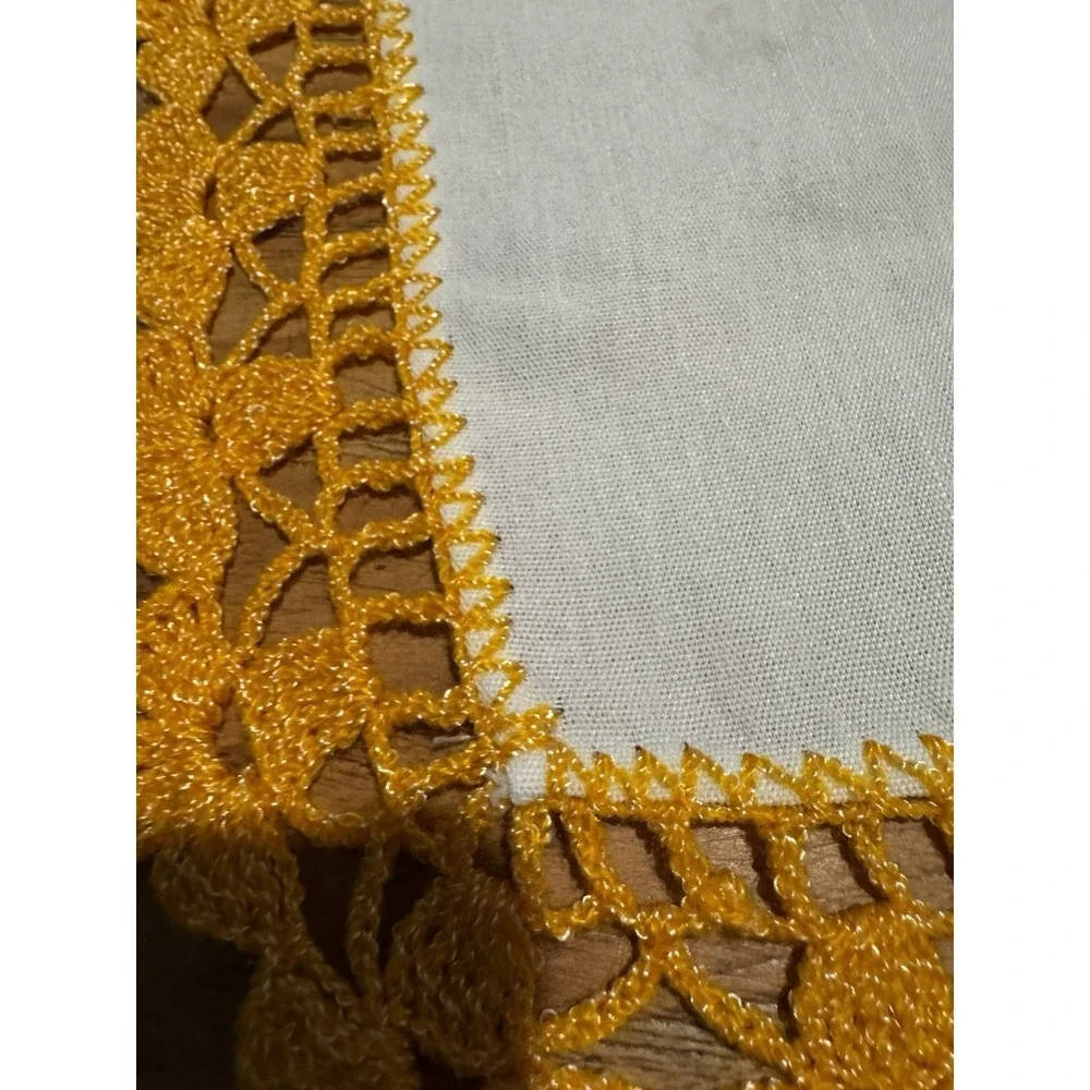 Vintage Hand Embroidered Linen Tablet Topper Crochet Lace Floral Cottagecore